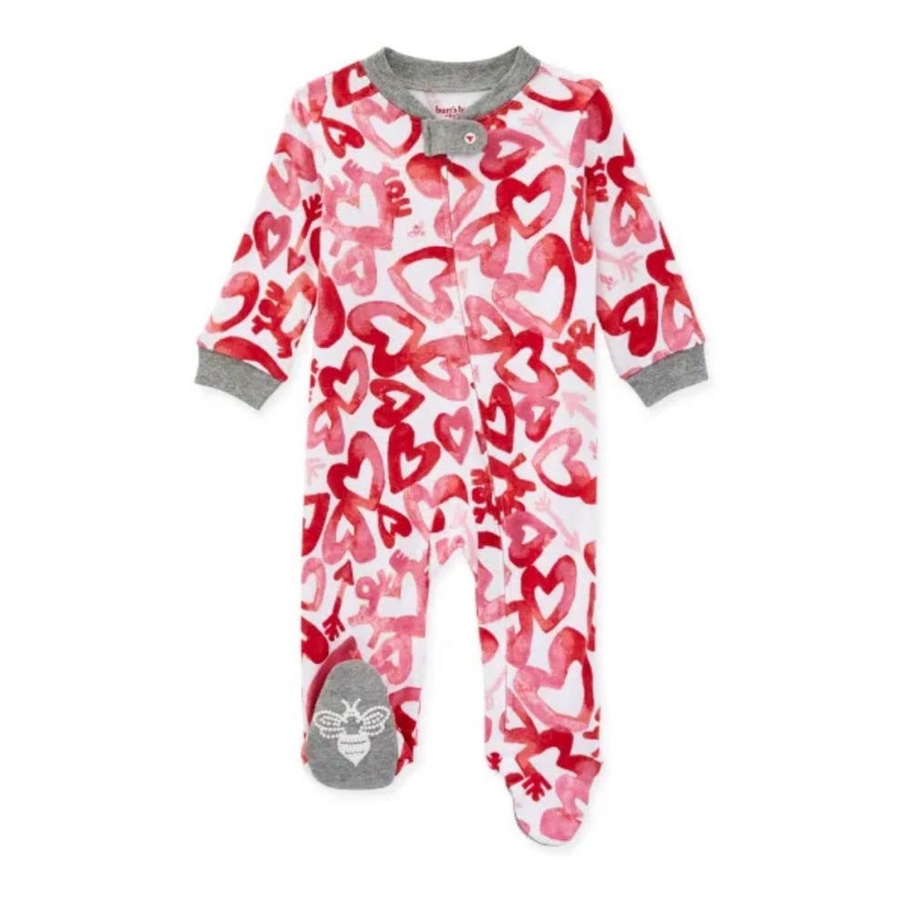 Burt's Bees Sleep & Play Red White Gray Trim Heart Print‎ I Love You Footie 3-6M